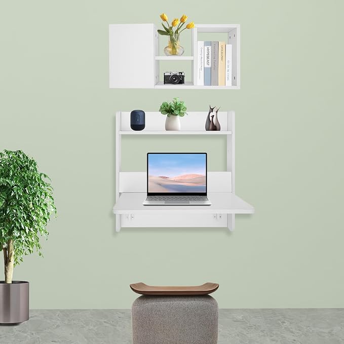 Floating Desk 24 Wall Mounted Folding Desk with Bookshelf Folding Wall Desks Space Saving Workstation with Storage Shelves for Home Office Bedroom Study Room Small Space