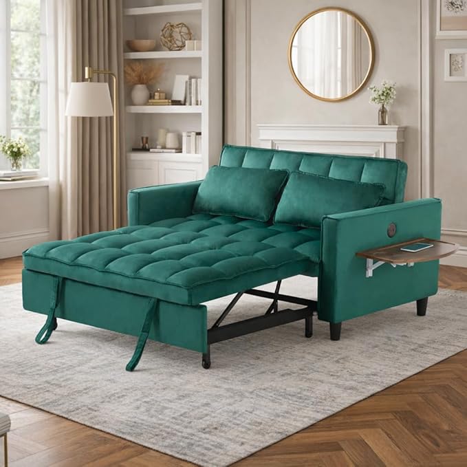 3 in 1 Sofa Bed Pull Out Couch with Side Pockets Loveseat Sleeper Sofa Bed with Side Table Pull Out Couch with USB Ports for Living Room Bedroom Apartment Green