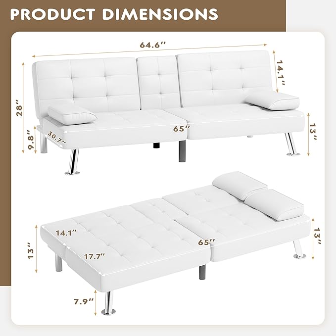 Homall Futon Sofa Bed Leather Futon Couch with Removable Armrests Adjustable Recliner Sleeper Sofa Bed with Dual Cup Holders for Living Room Apartment Office (White)
