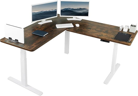 VIVO Electric Height Adjustable 67 x 60 inch Corner Stand Up Desk 2 Rustic Vintage Brown Solid Table Tops White Frame Memory Controller L-Shaped Workstation 3E Series DESK-KIT-3E6WN