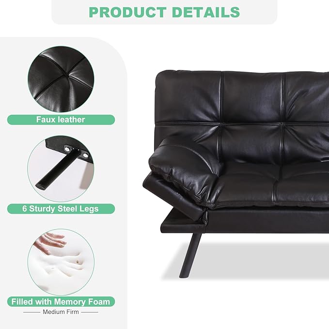 MUUEGM Futon Couch with 71 Adjustable High Density Memory Foam Futon Sofa Bed Modern Design Sofa Bed for Living Room Sleeping and Relaxing(Leather Black)