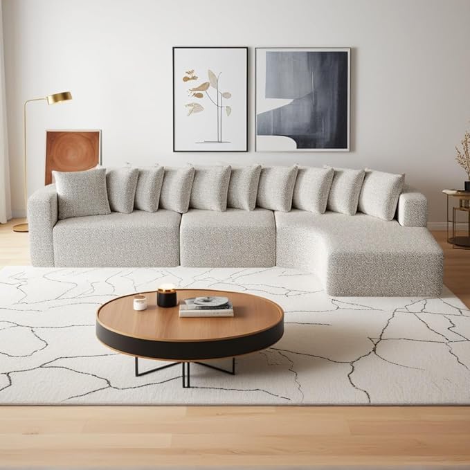 KEIKI 131.1 Curved Sectional Sofa Set Oversized Cloud Couch with 10 Pillows Deep Seat Right Facing Sofa for Living Room Guest Bedroom No Assembly Required Light Khaki