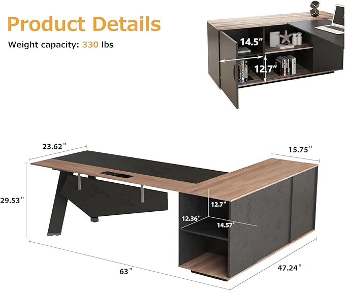 63 L Shaped Executive Desk Reversible Office Desk with Power Outlets Modern Computer Desk with lateral File Cabinet &amp Open Shelves  Wooden Business Furniture Desk for Office WorkHome Study