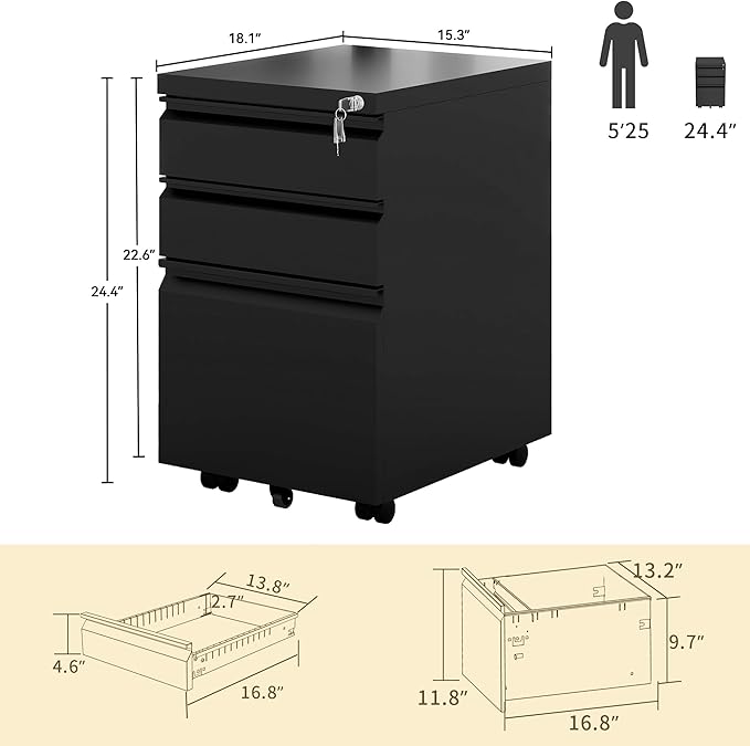 DWVO 3-Drawer Mobile File Cabinet Pre-Assembled Metal Filing Cabinet for Legal/Letter Size Lockable Office Storage with 6 Casters Black