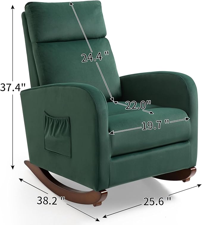 AVAWING Upholstered Rocking Chair Comfortable Glider Rocker with Solid Wood Legs High Back Modern Rocker with Side Pocket for Nursery Living Room and Bedroom Green