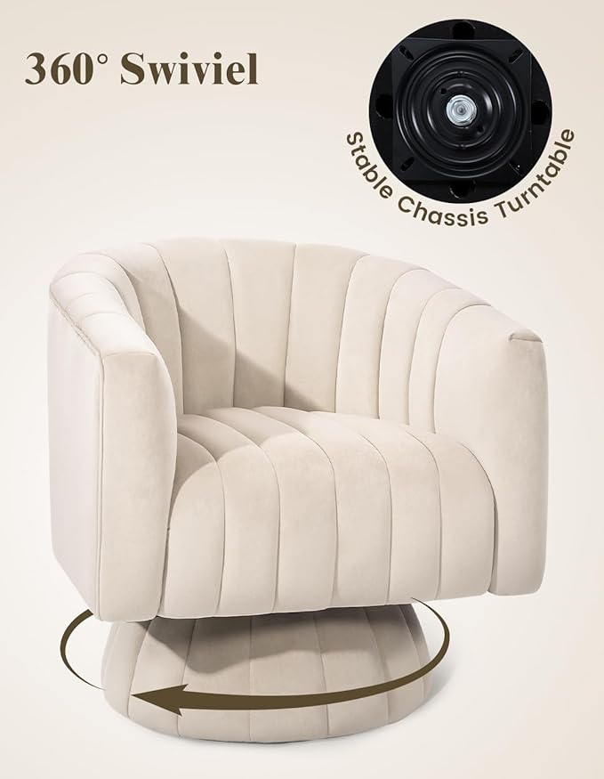 Kromax Swivel Accent Chair with Armrest Mid Century 360 Degree Swivel Barrel Chair Overstuffed Tufted Velvet Ideal for Living Room Bedroom Reading Room Beige
