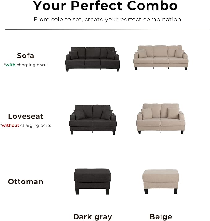 Homes: Inside + Out Reese Modern Plush Boucle Couch with Side Pockets Cup Holders and USB Ports Wooden Comfortable Sofa for Living Room Bedroom and Office Beige