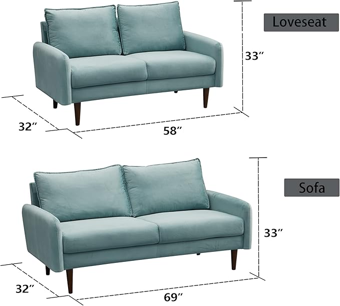 INSTORY Velvet Loveseat Mid-Century Modern Sofa Tufted Couch with Wooden Legs for Living Room - Cyan