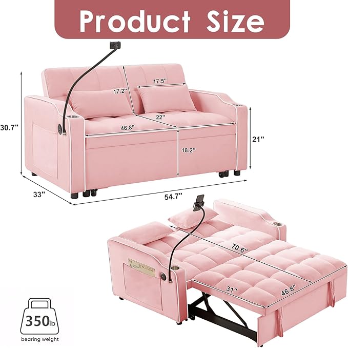 3 in 1 Convertible Sofa Bed Velvet Pull Out Couch Bed w/ Adjustable Back Love Seat Sleeper Beds w/ USB Ports &amp Cup Holders Phone Stand Full Size Futon Couch for Living Room Small Spaces (Pink)