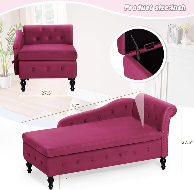 Upholstered Chaise Lounge with Right Armrest &amp Lumbar PillowButton Tufted Lounge Sofa with StorageLounge Chair IndoorModern Velvet Lounge Chair for Bedroom Living Room and OfficeFuchsia