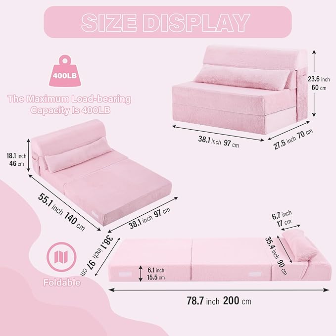 Tiita Convertible Folding Sofa Bed Twin Size for Adults with Pillow Plush Fabric Floor Mattress Couch Bed Washable Cover &amp Side Pocket Guest Room Dorm Apartment Living Room Pink