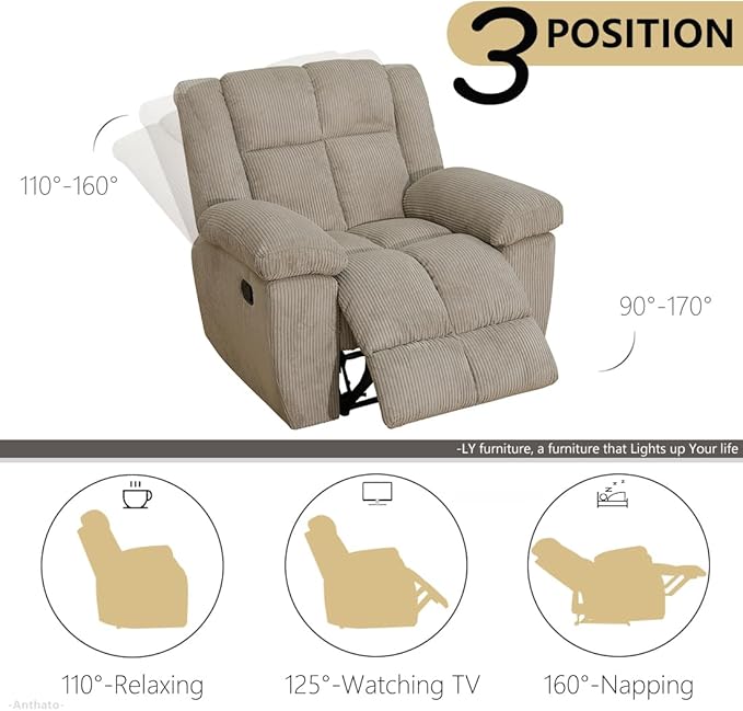Manual Recliner Sofa Set Living Room Furniture Sets Corduroy Reclining Couches Comfy Reclining Chair Sofa with Coffee Table 2PCS Fabric Recliner Furniture for Home/Office (Beige 3+1 Seat)