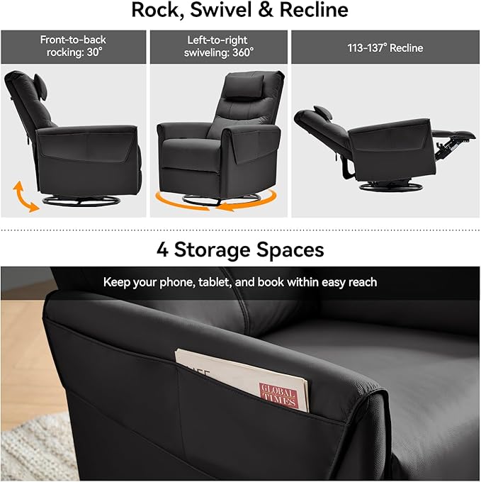 AIRSKY Leather Recliner Chair Top Grain Leather Italian Water-Washing Process Glider Rocking ChairSwivel Rocker Recliner Movable HeadrestNursery Rocking Chairs Single Reclining Chair BlackR3