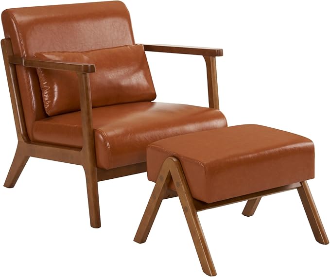 MOJAY Modern Accent Chair with Ottoman PU Leather Upholstered Armchair Living Room Chair for Bedroom Balcony Reception