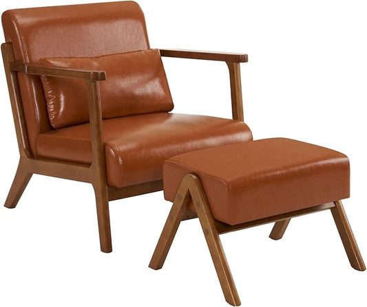 MOJAY Modern Accent Chair with Ottoman PU Leather Upholstered Armchair Living Room Chair for Bedroom Balcony Reception