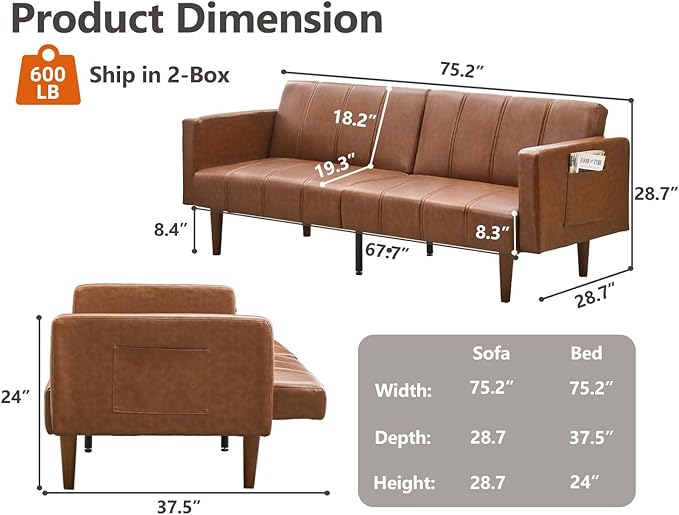 GarveeHome 75 in Futon Sofa Bed Mid-Century Futon Couch PU Leathe Convertible Sleeper Couch with Adjustable Backrest Loveseat and Side Pockets for Living Room &amp Bedroom (Coffee)