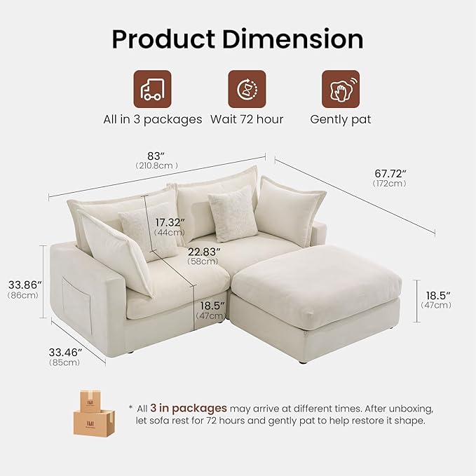 83 Modular Sectional Sofa L Shaped Couch Set for Living Room Down Filled Cloud Couch with Storage Ottoman 2 Seater Loveseat Deep Seat Sofa Chenille Beige