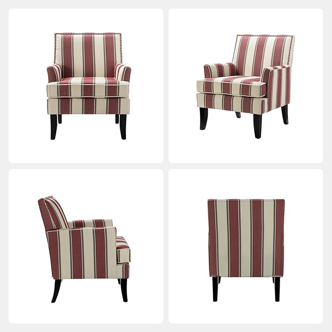 HULALA HOME Modern Accent Chair for Living Room Upholstered Fabric Single Sofa Chair Wingback Armchair with Wooden Legs for Bedroom Office Reading or Waiting Room Stripe Red