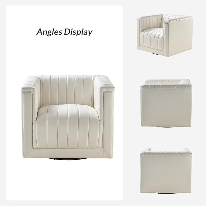 HULALA Home Faux Leather Swivel Accent Chair Set of 2 Boxy Silhouette Chair with Striped Arm Leather Barrel Chair with Herringbone Pattern(Ivory)