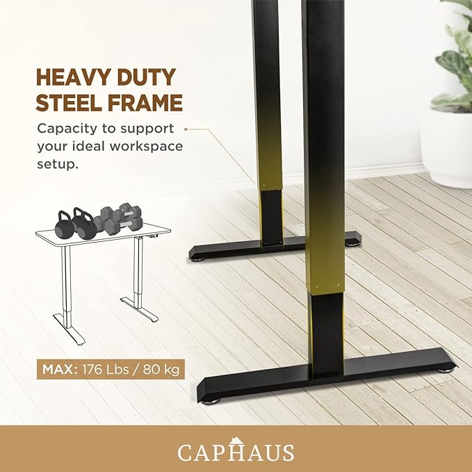 CAPHAUS 48 x 24 Inches Whole-Piece Deskboard Electric Standing Computer Desk Home Office Height Adjustable Desk with Memory Control Panel Black Metal Frame &amp P2 Grade Black Desktop Single Motor