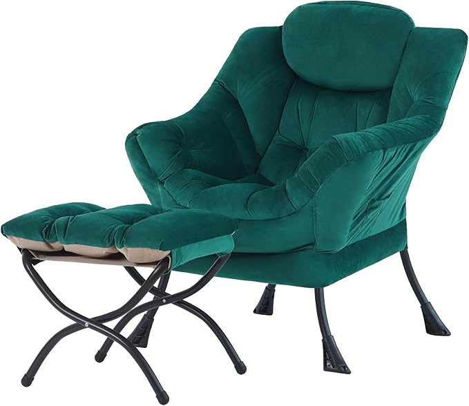 Tiita Lazy Chair with Ottoman Green Modern Large Accent Chair Comfy Leisure Sofa Armchair with Ottoman Reading Chair with Footrest for Bedroom Living Room Dorm Rooms Velvet Green