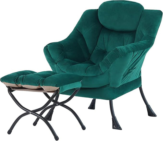 Tiita Lazy Chair with Ottoman Green Modern Large Accent Chair Comfy Leisure Sofa Armchair with Ottoman Reading Chair with Footrest for Bedroom Living Room Dorm Rooms Velvet Green