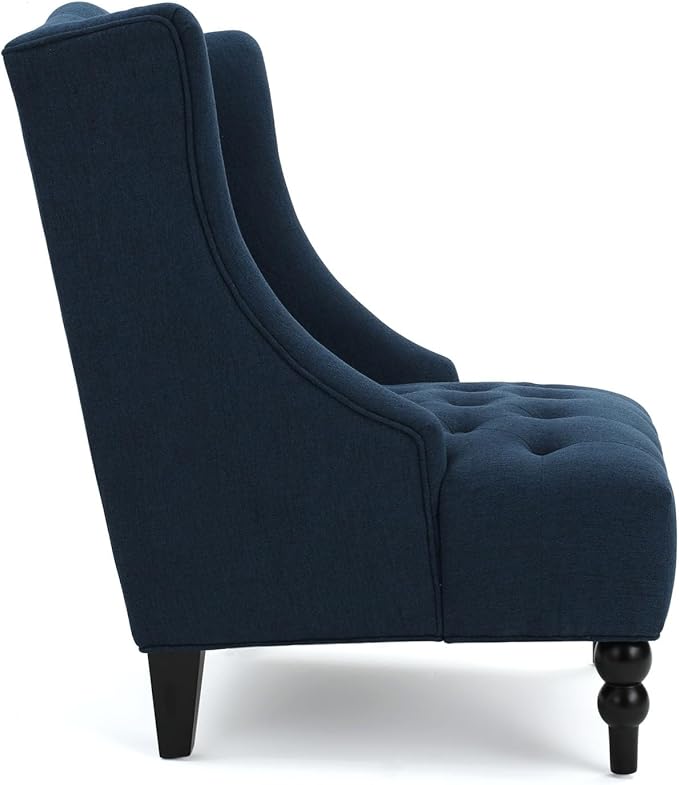 High-Back Velvet Wingback Chair Navy Blue Accent Chair with Button-Tufted Design &amp Birch Wood Legs 27.5”W x 33.75”D Upholstered Club Chair for Living Room Victorian (Linen Navy Blue)