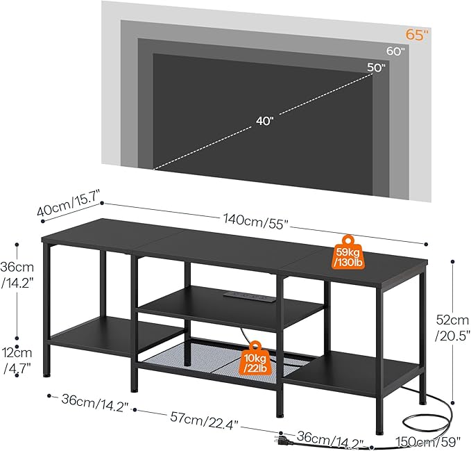 HOOBRO TV Stand with Power Outlets to 65 Inches TV Console Table with Open Storage Shelves Industrial Media Entertainment Center for Living Room Bedroom Black BB40DS01