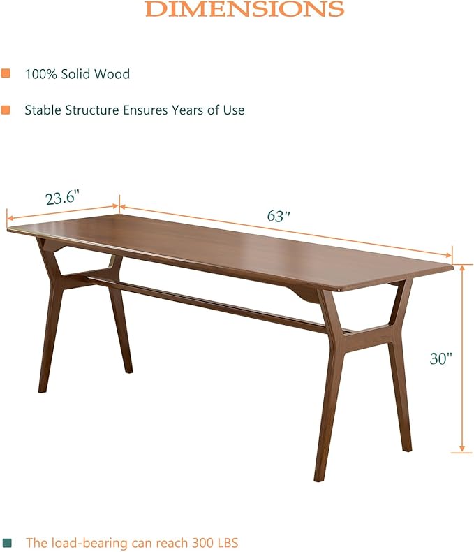 Solid Wood Study Desk - 63 Double Long Computer Table for Home Office 2-Person PC Workstation Walnut