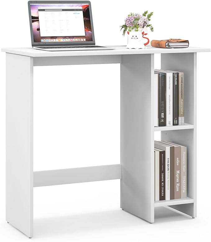 COSTWAY 31.5” Space Saving White Writing Desk Modern Home Office Computer Workstation with Adjustable Shelf Compact PC Table with Storage for Small Spaces/Bedroom/Dorm Rooms