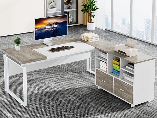 Tribesigns L-Shaped Executive Desk with Reversible File Cabinet 63 Office Desk with Storage Drawers L-Shaped Computer Desk with Drawer Cabinet for Hanging Letter Size FilesGray &amp White