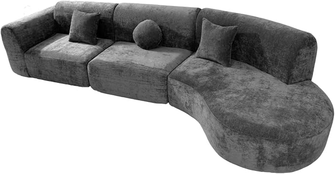 140 Modern Curved Sectional Sofa with High-Density Fully Compressed Sponge and Chaise Lounge 3-Piece Set Fully Assembled Right Hand Facing Perfect for Living Room Lounge (Dark Gray)