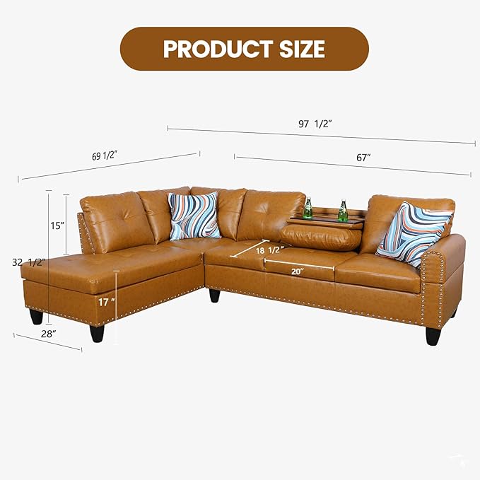 L Shape Sectional Couch with Chaise 97.5 Inch Modular Sofa with Cup Holders Sectional Couches for Living Room Ergonomic Reclined Backrest for Office and Small Apartment Ginger