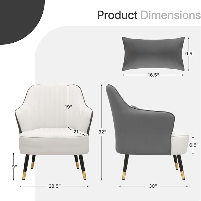 Accent Chair with Lumbar Pillow Comfy Reading Chair Mid Century Modern Barrel Chair Upholstered Single Sofa Chair with Metal Legs for Living Room Bedroom White &amp Grey
