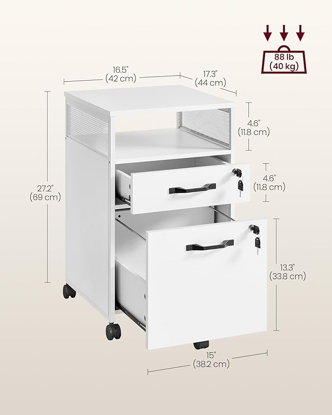 VASAGLE File Cabinet Mobile Filing Cabinet with Wheels 2 Lockable Drawers Open Shelf for A4 Letter Size Hanging File Folders Cloud White UOFC077W14