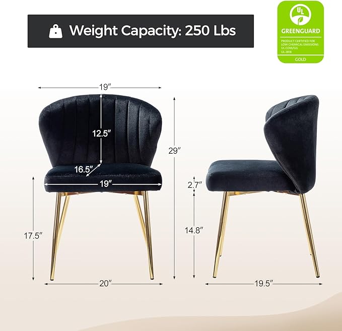 HULALA HOME Dining Chairs Set of 2 Velvet Upholstered Kitchen &amp Dining Room Chairs with Metal Legs Vanity Chair Armless Side Chairs for Living Room Bedroom Restaurant Channel Curved Backrest Bla