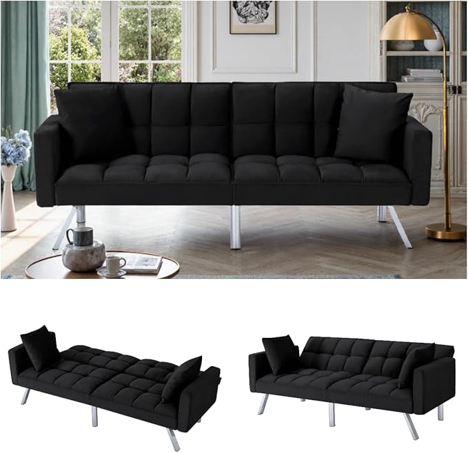 Convertible Futon Sofa Bed 74 Inch Sleeper Couch Bed with Velvet Upholstery Sofa Couch with Adjustable Backrest Pillows Square Tufted Design for Living Room Home Office Black