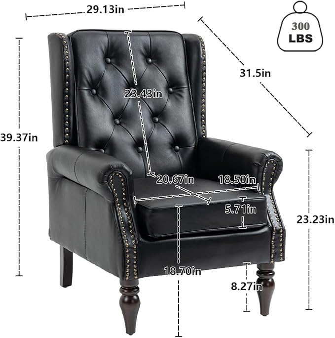 Mid-Century Wingback Chair PU Leather Accent Chair Armchair with ButtonsModern Living Room Chairs with Rivet DecorationLeisure Single Sofa Chair for BedroomClubHome Reception (PU Black)
