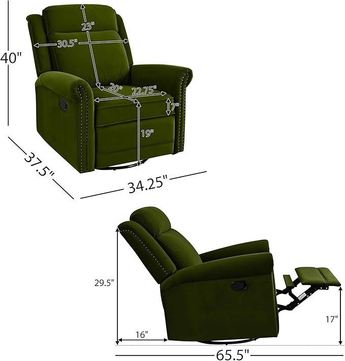 360° Swivel Recliner Chair with Adjustable Backrest Manual Rocking Recliner Home Theater Manual Recliner Chair with Metal Base and Velvet Fabric for Living Room (Green 2)
