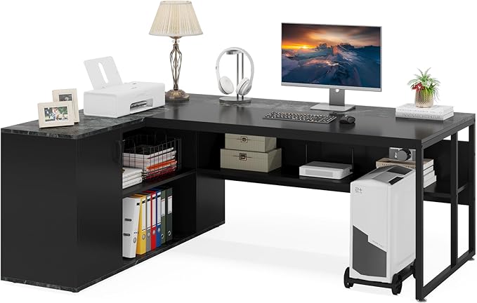 Little Tree 71-inch Executive Desk with File Cabinet L-Shaped Computer Desk Office Desk with Drawers and Storage Shelves Business Furniture Desk Workstation for Home Office Balck