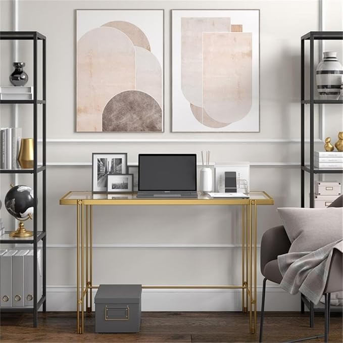 Pemberly Row Contemporary 48 Home Office Desk Brass Finish Metal Frame Tempered Glass Top Streamlined Modern Style Open Lower Space Ideal for Home Office Game Room or Vanity Area