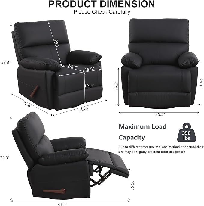 Manual Recliner Chair with Lever Handle 360° Swivel Elderly Rocker Recliner Chairs Single Seat upholstered Recliner Sofa Chair for Living Room Apartment (Black)