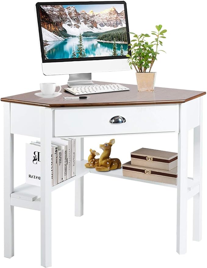 Tangkula Corner Desk Corner Computer Desk with Drawer for Small Space Small Corner Makeup Vanity Desk 90 Degrees Triangle Corner Desk with Storage Shelves (Natural &amp White)