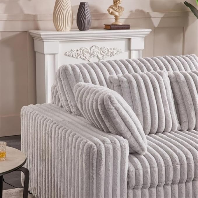 Pemberly Row 113 W Corduroy Fabric Cloud Convertible Sectional Deep Seat Sofa Slider with Power Recliner Glider USB Charging Ports and 6 Cushions in Presley Latte for Living Room