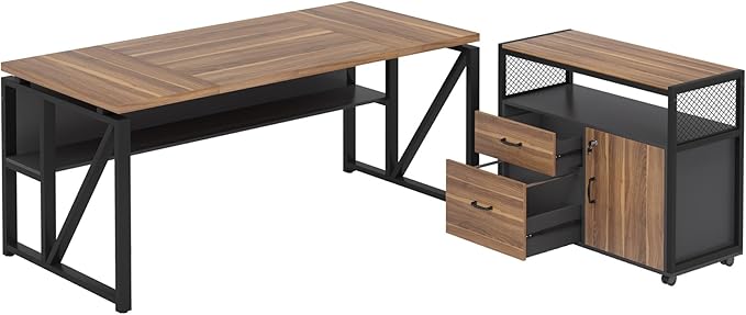 Tribesigns 63 Executive Desk with Reversible File Cabinet Large L-Shaped Office Desk with Drawers Business Furniture Workstation for Home Office