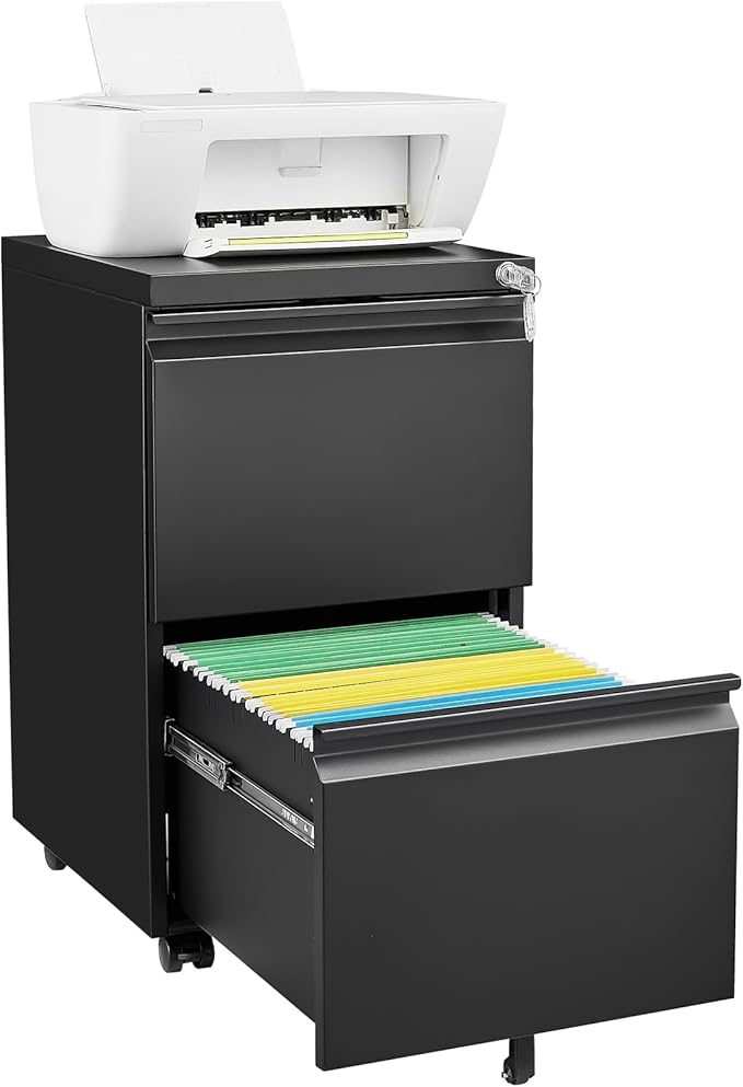 2 Drawer Black File Cabinet with Lock Under Desk Storage Filing Cabinets with Wheels Small Rolling Metal Office Cabinet for Home Office Legal Letter and A4 Files