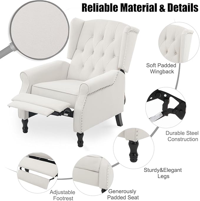 Velvet Accent Chair Push Back Recliner Chair Wingback Arm Chair for Living Room/Bedroom/Home Theater/Reception Area Light Beige