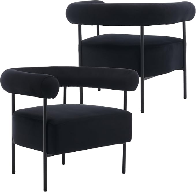 Wahson Black Accent Chair Set of 2 with Metal Legs Velvet Upholstered Barrel Chair with Curved Backrest Small Modern Reading Chair for Living Room/Bedroom/Office