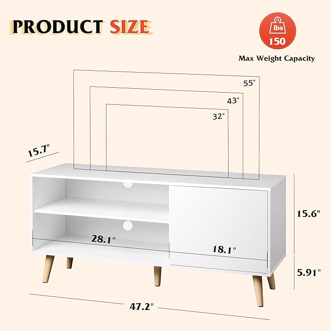 WLIVE TV Stand for 55 Inch TVs Entertainment Center with Storage Cabinet Mid-Century TV Stands for Living Room and Bedroom 50 TV Console White