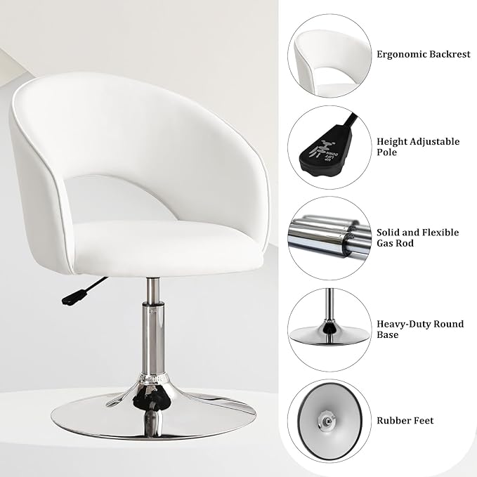 Furniliving Vanity Chair with Arm PU Leather Chair for Vanity Swivel Accent Chair Adjustable Height Makeup Chair with Chrome Base Living Room Chair for Bedroom Makeup Room Study Room IvoryWhite